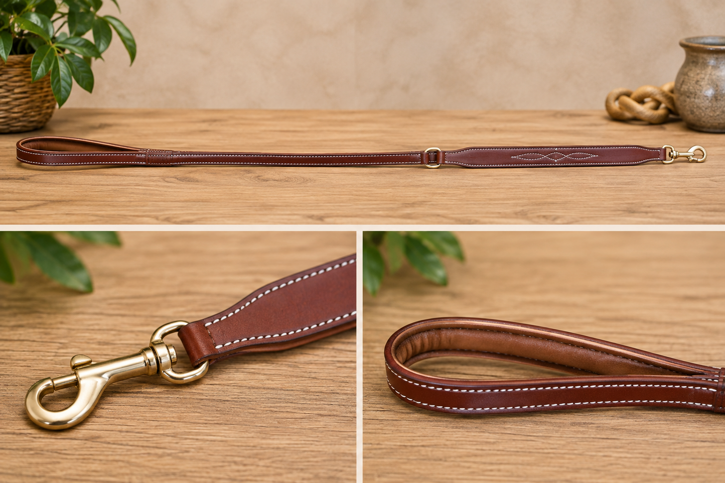 Premium Padded Leather Dog Leash with Brass Hardware