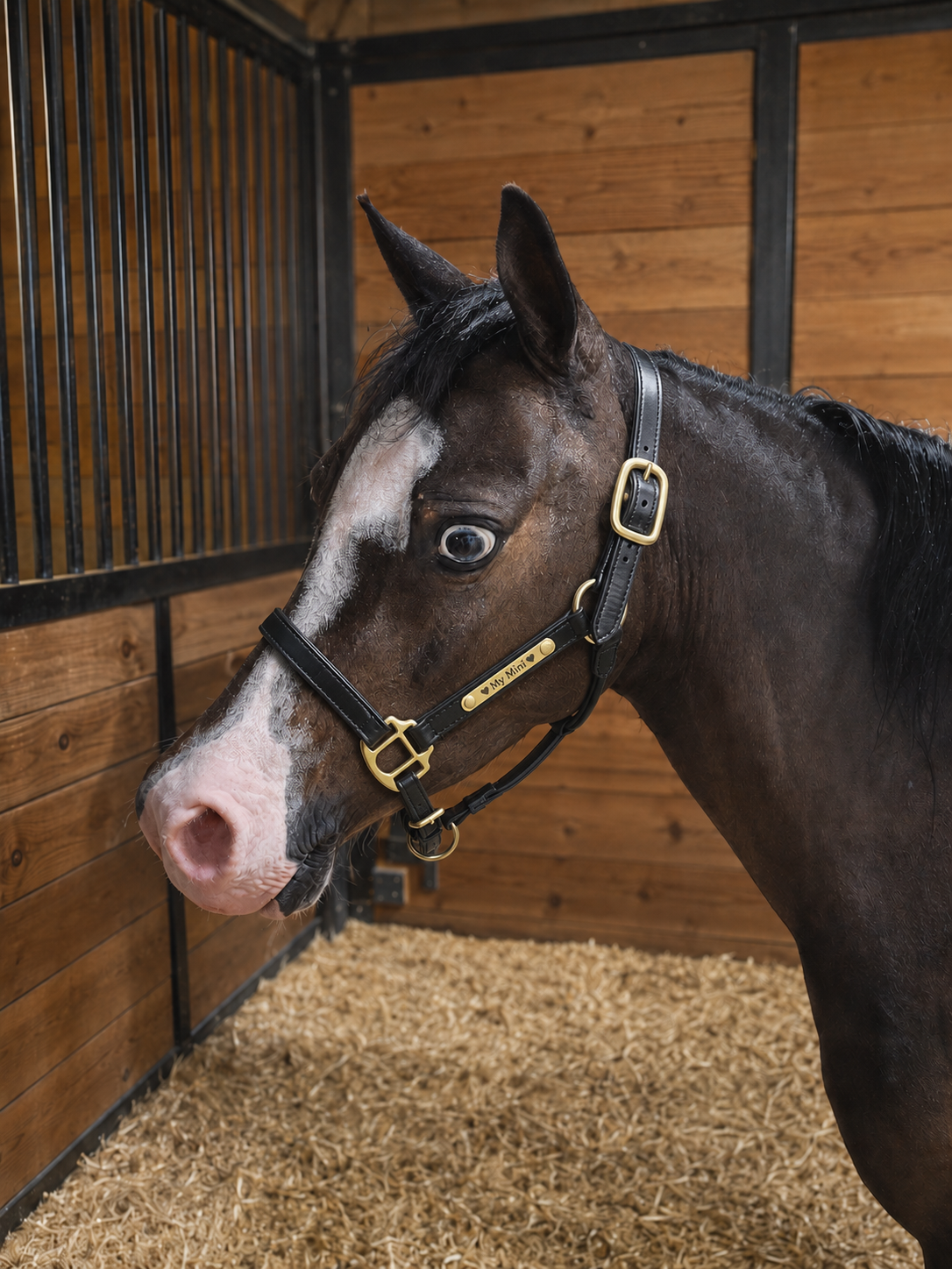 Personalized Leather Miniature Horse & Pony Halter with Rolled Leather Lead and one tag